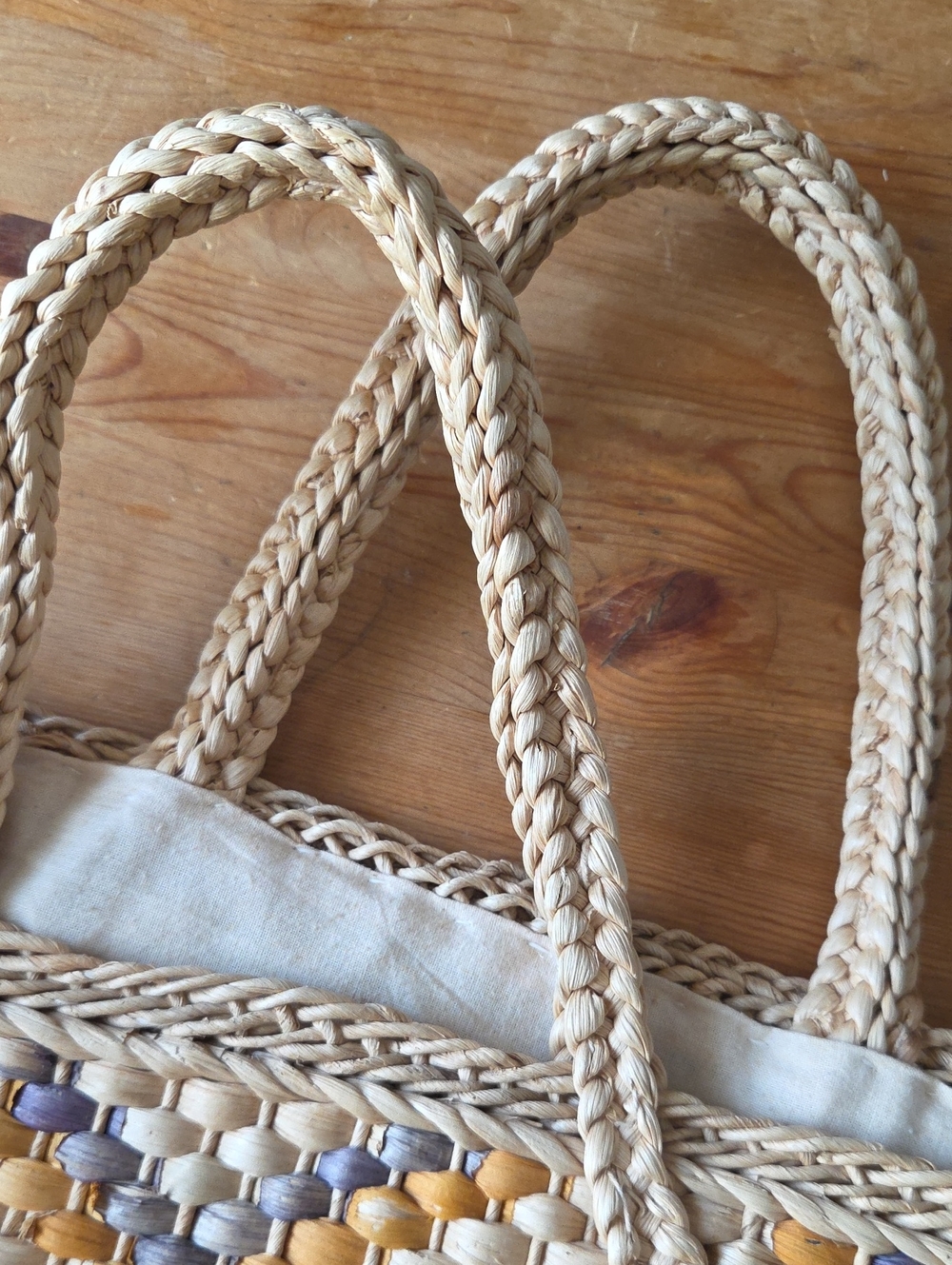 Woven Straw Tote Bag Blue Mustard Geometric Beach Vintage Style - Picture 2 of 14
